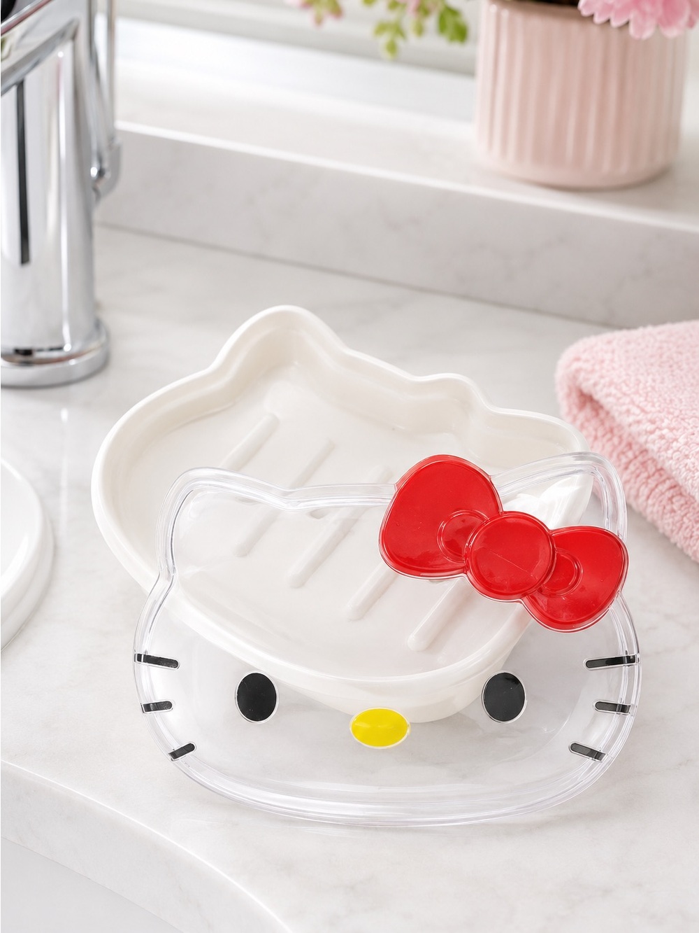 Hello Kitty Two-Piece Soap Dish Clear Face Red Bow Bath Accessory